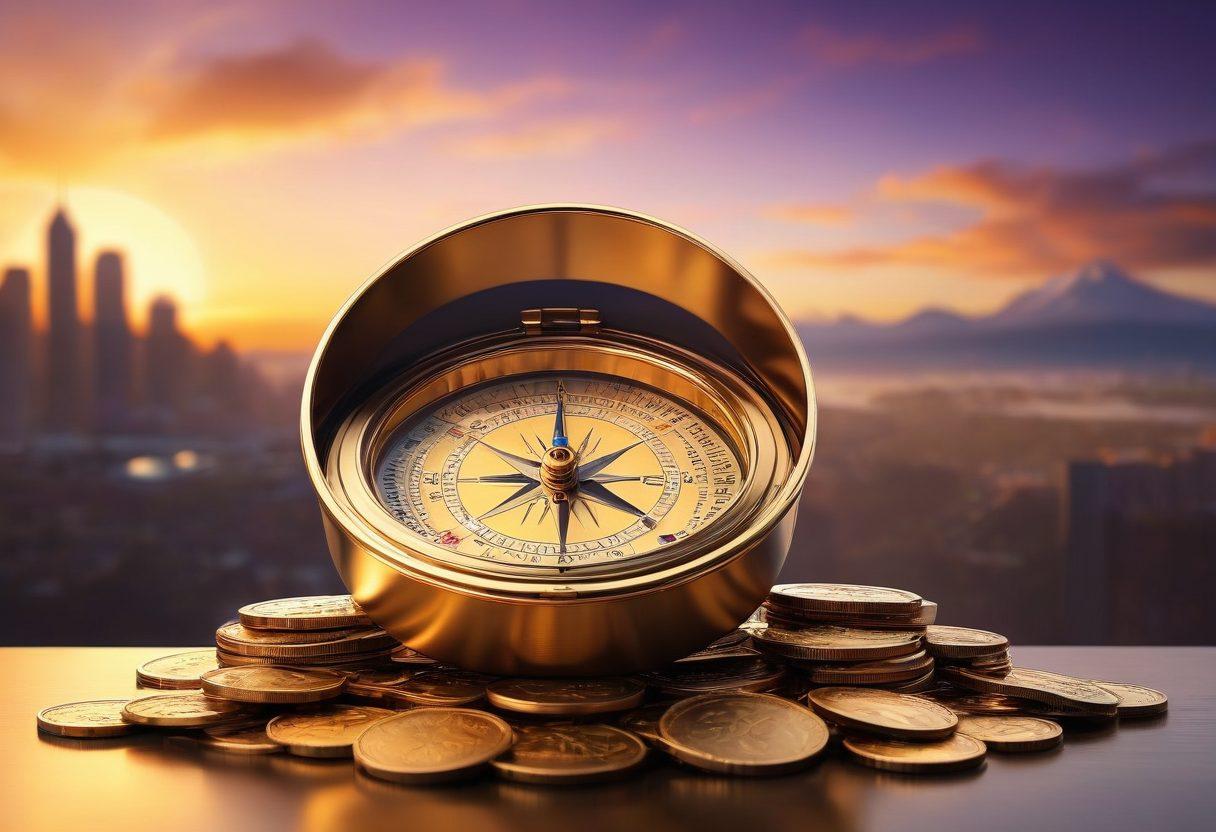 A compass resting on a stack of gold coins, with a sunset skyline in the background symbolizing a hopeful financial future. Fluctuating stock market graphs can be subtly integrated into the sky, reflecting the journey of smart investing. Soft rays of light illuminate the scene, symbolizing insights and guidance. super-realistic. vibrant colors. 3D.
