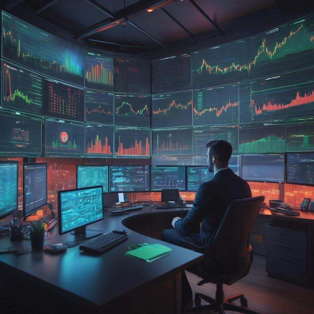A dynamic scene depicting a trader at their desk filled with multiple screens showing cryptocurrency and forex charts, surrounded by colorful candlestick graphs and currency symbols like Bitcoin and Dollar. The atmosphere is electric with green and red colors representing market trends, while a glowing key symbolizes unlocking success. Include a futuristic city skyline in the background. super-realistic. vibrant colors. 3D.