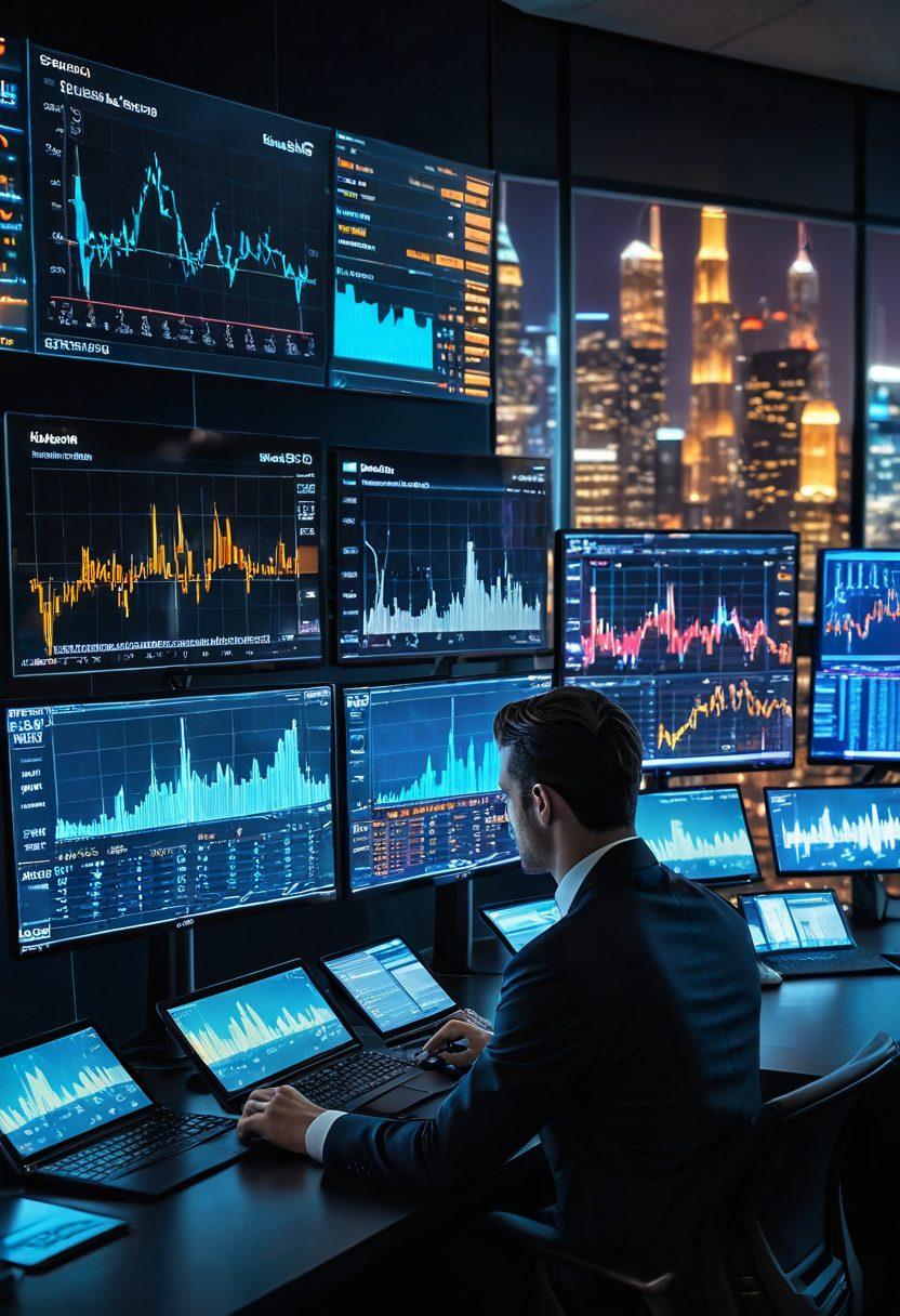 A visually striking, split-screen design showcasing a futuristic city skyline on one side and a digital trading interface on the other. Include elements like glowing cryptocurrency symbols and candlestick charts, with a confident trader analyzing data at the center. The color palette should include vibrant blues and golds to symbolize wealth and technology. super-realistic. vibrant colors.